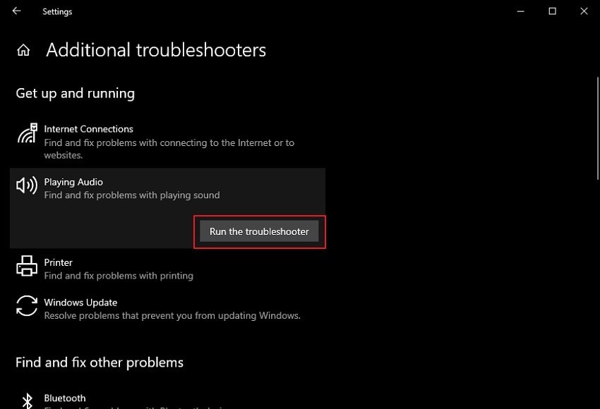 troubleshooter detecting playing audio issues
