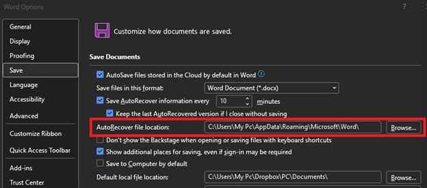 autorecover file location