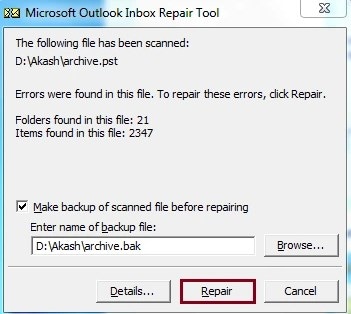 repair errors with inbox repair tool