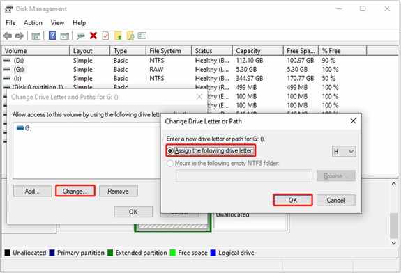 assign or change drive letter 