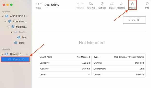 mount SD card on disk utility 