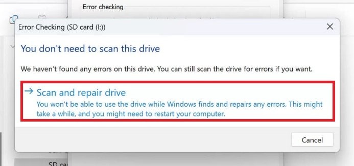 scan and repair sd card using windows repair tool