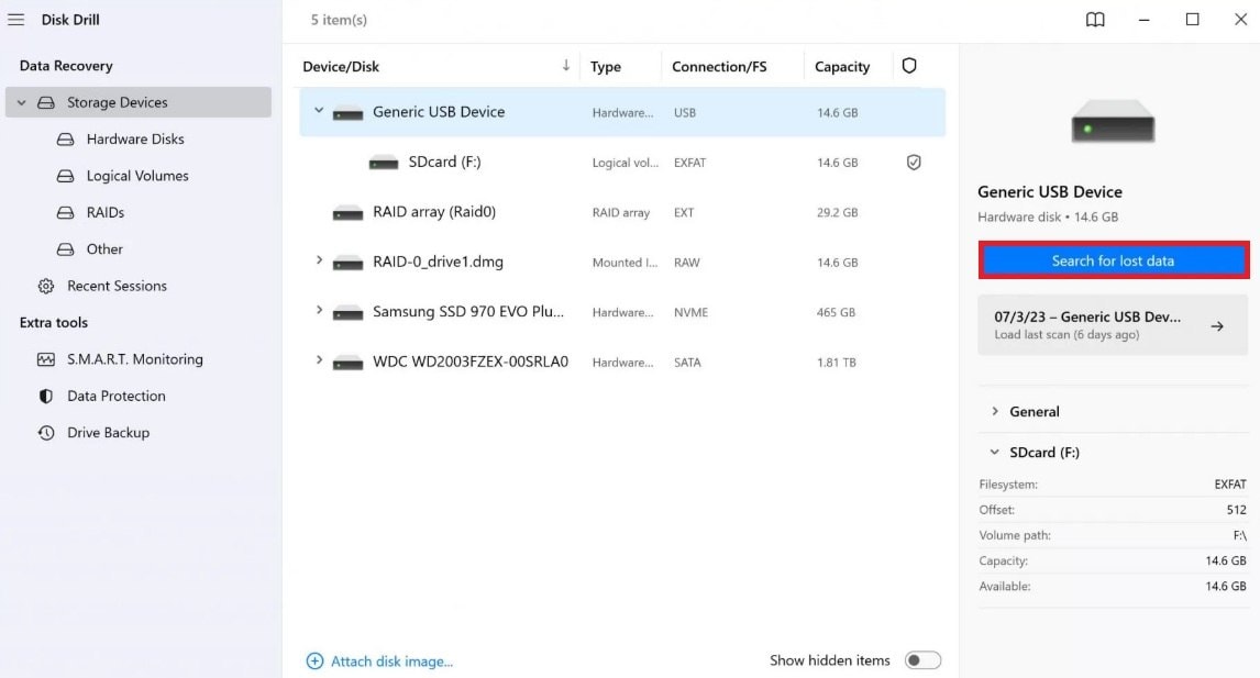 search for lost data using disk drill