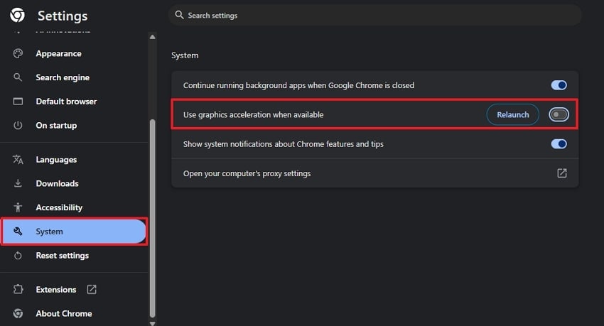 disable graphic acceleration from system settings
