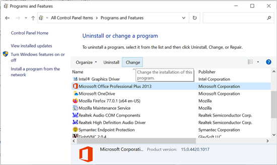 choose change after selecting microsoft office