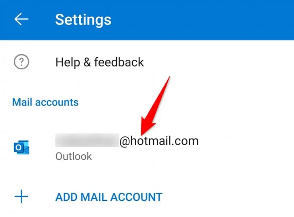 select email account of outlook app