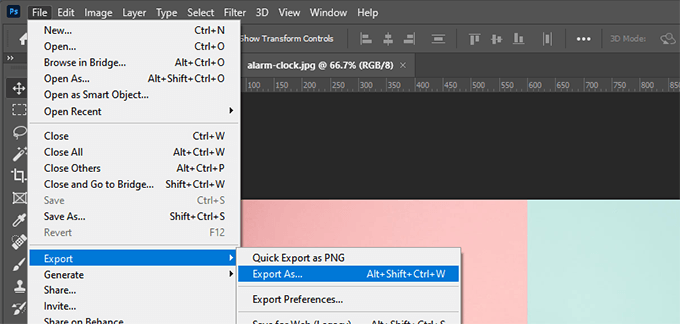 select export from file menu