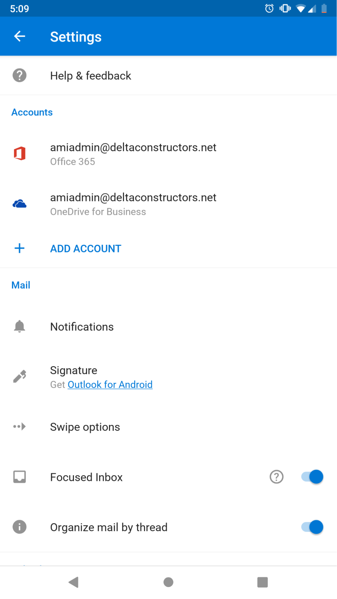 select microsoft outlook account on android