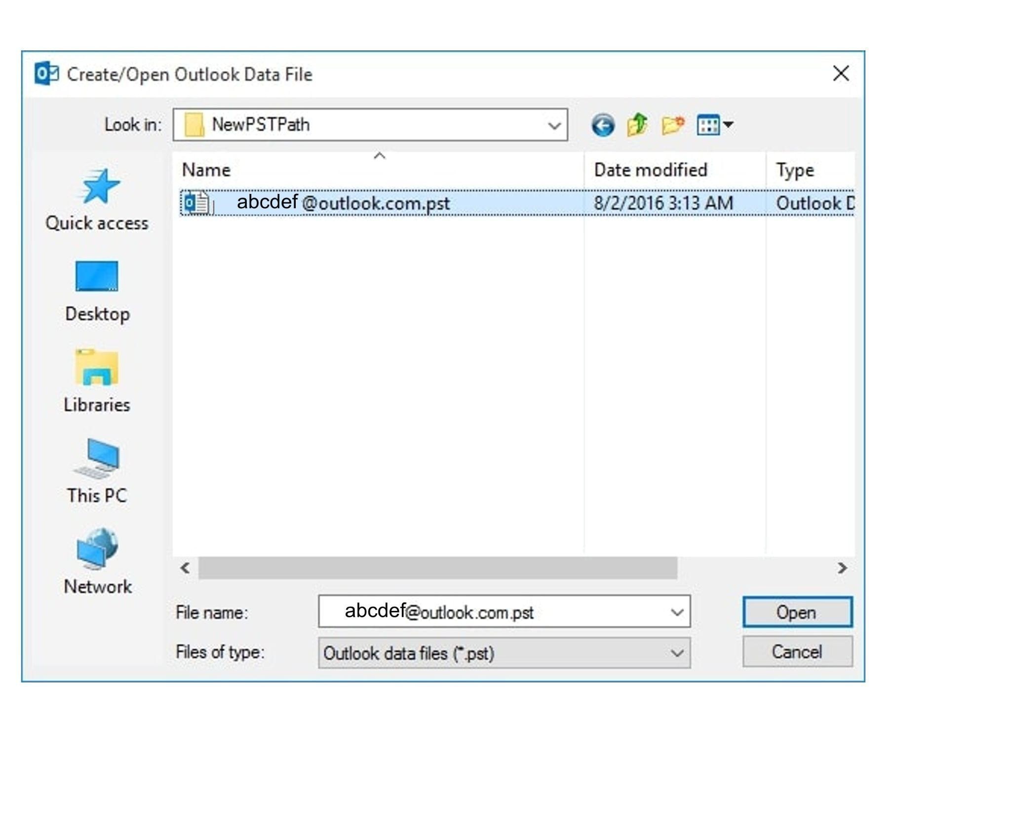 select and open moved pst outlook files