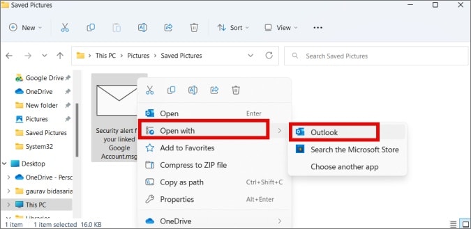 choose outlook after selecting the open with