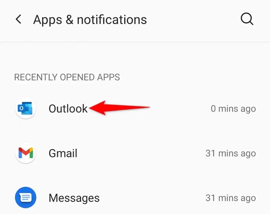 select outlook in apps & notifications