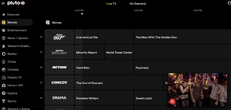 Pluto TV streaming interface showing live channels and movies