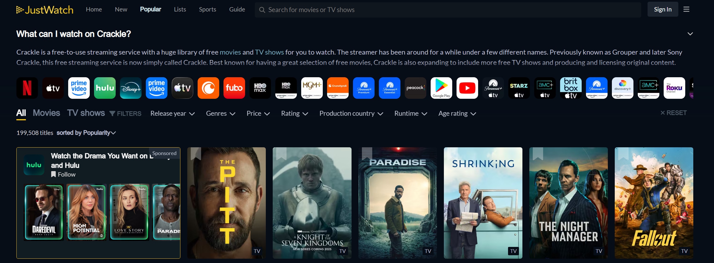 Crackle free streaming website genre categories