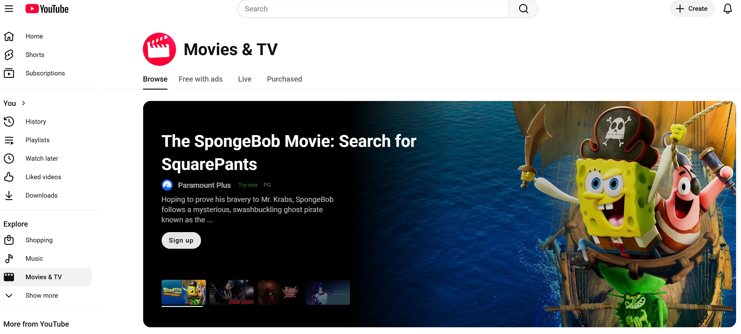 YouTube Movies free streaming section