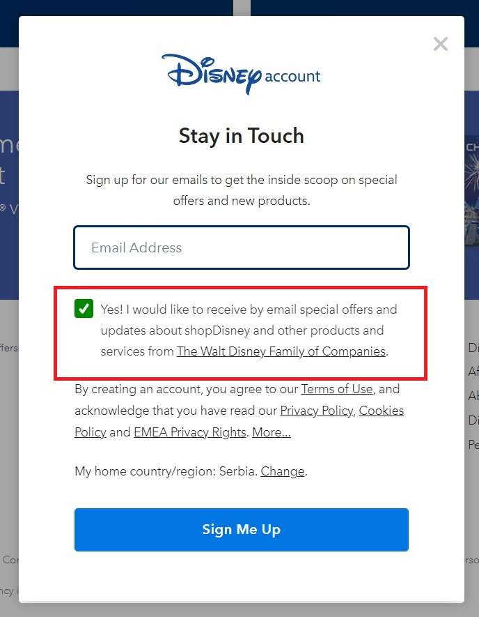 accepting special offers during shopdisney email sign-up