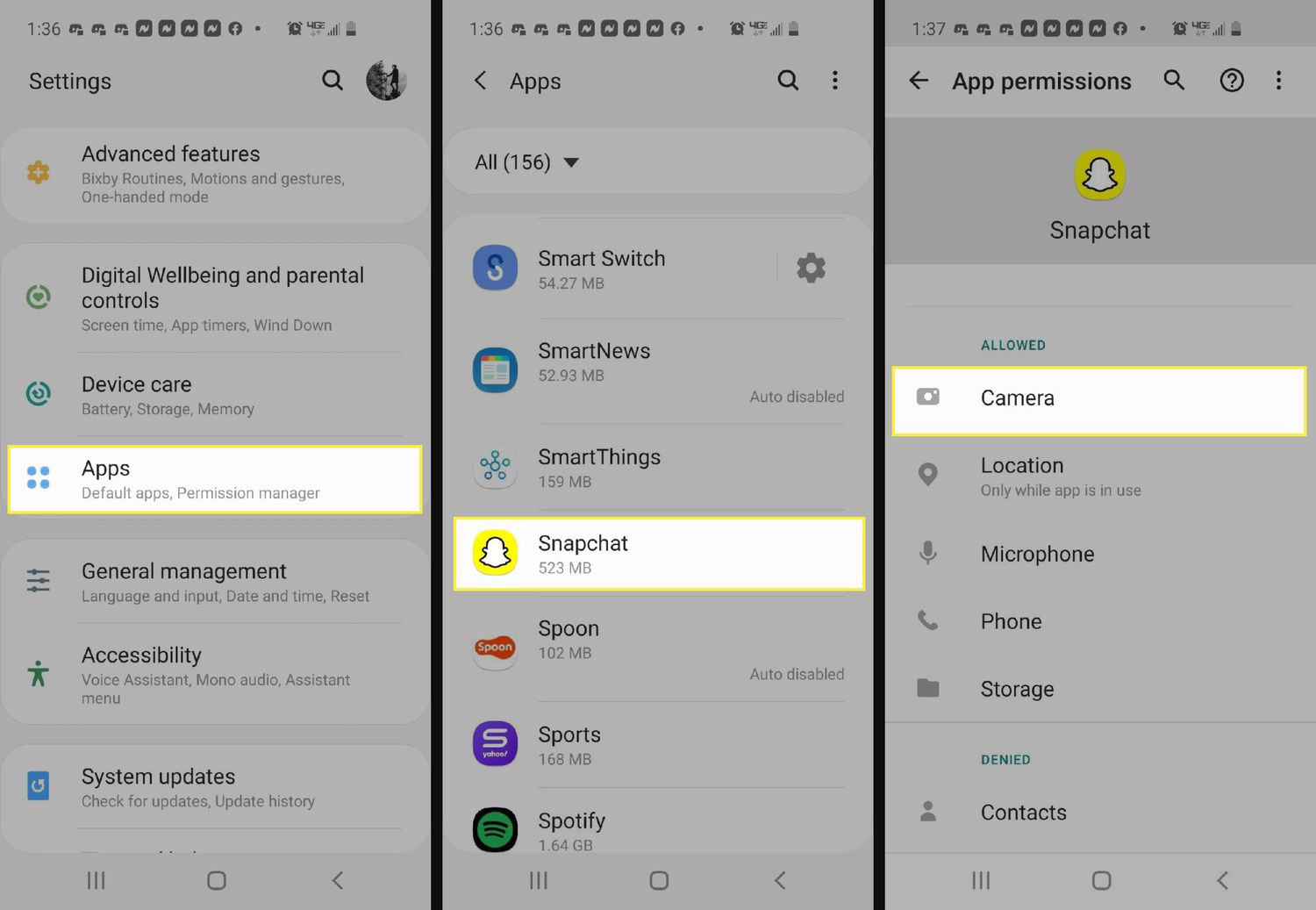 snapchat camera permissions android
