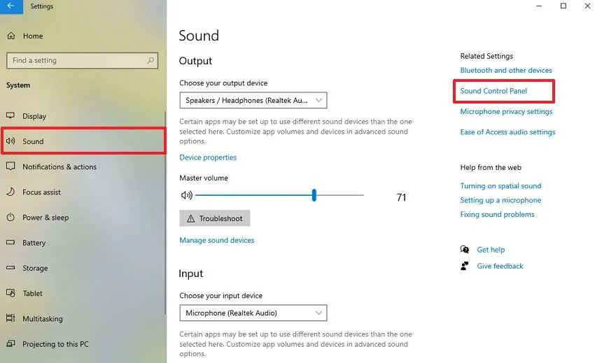 access the sound control panel