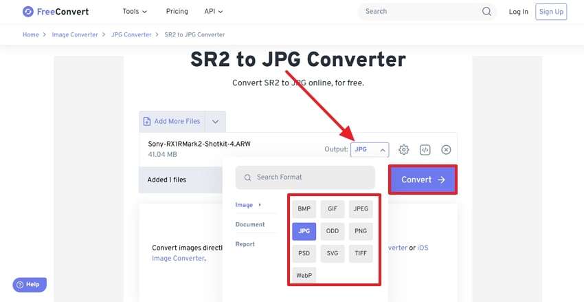 use convert after choosing format
