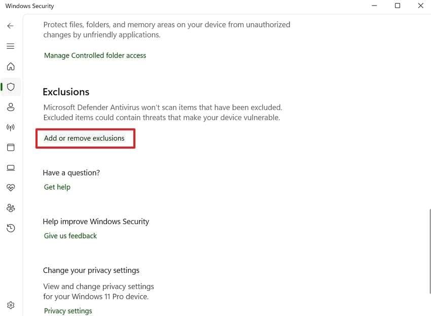 add or remove exclusions