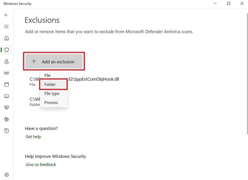 choose folder from add exclusion