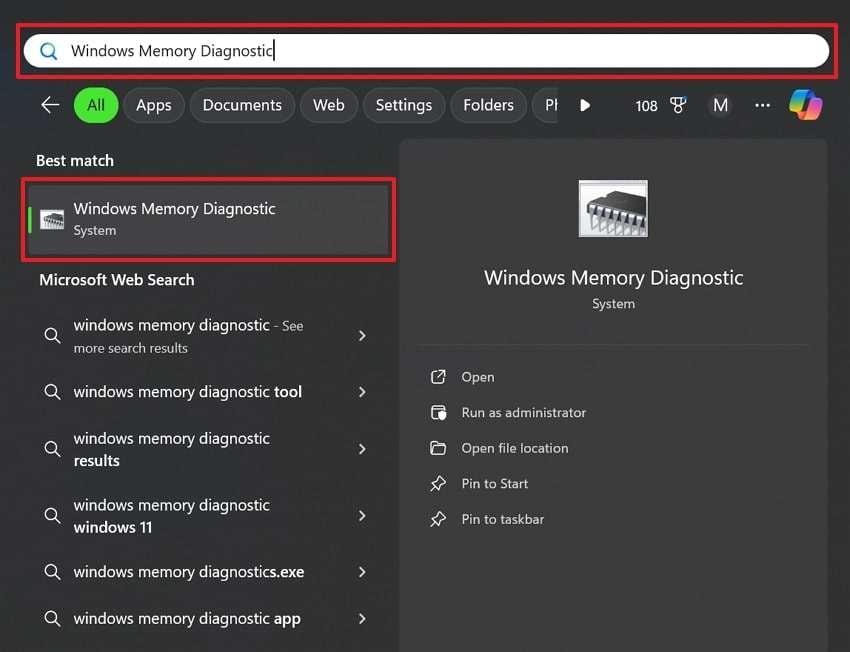 search windows memory diagnostic