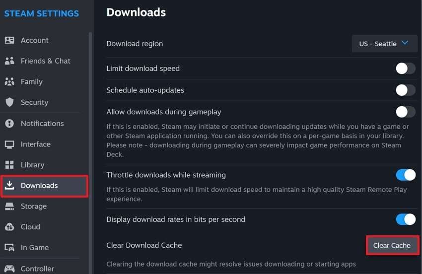 click clear cache in downloads section