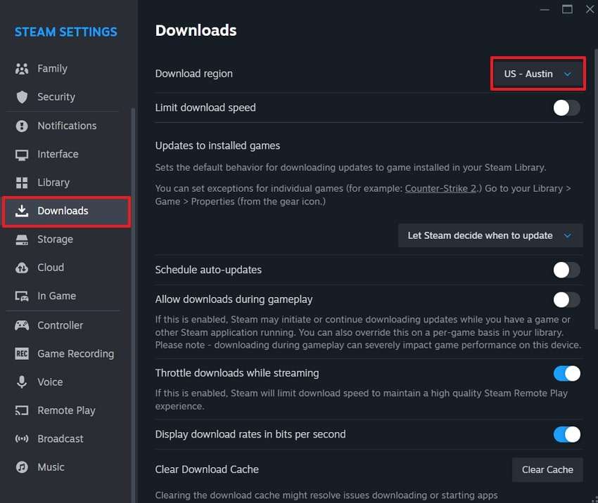change region using download section