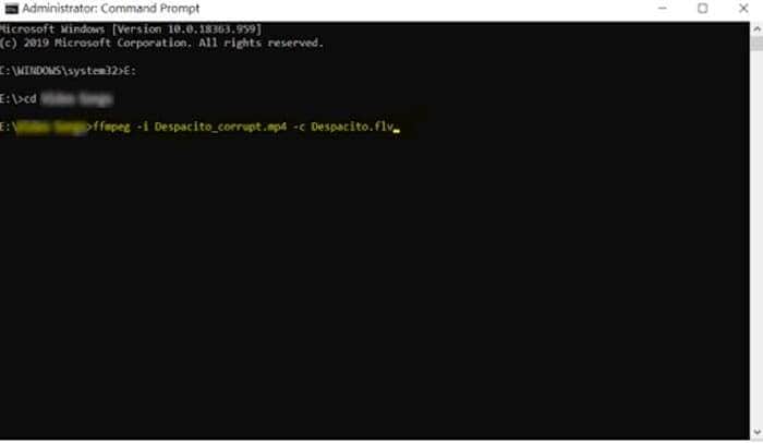 agora digite o comando para consertar o arquivo de vídeo danificado