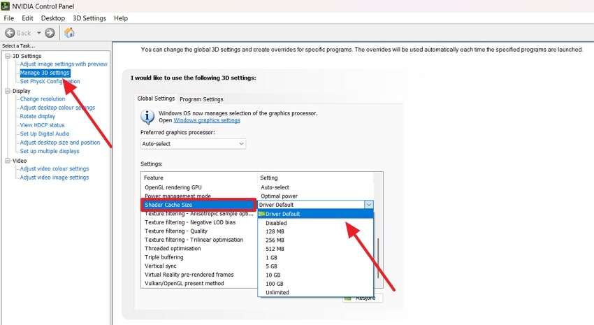 driver default shader cache size