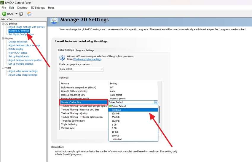 choose disabled shader code size