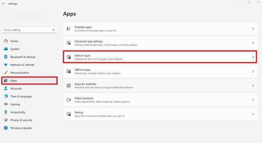 access default apps from settings