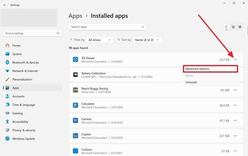 get advanced options of app