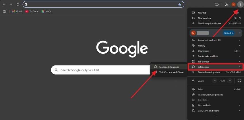 access manage extensions chrome