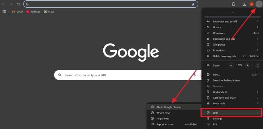 access chrome about from help settings