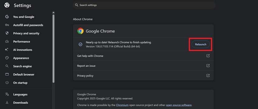 relaunch chrome to update