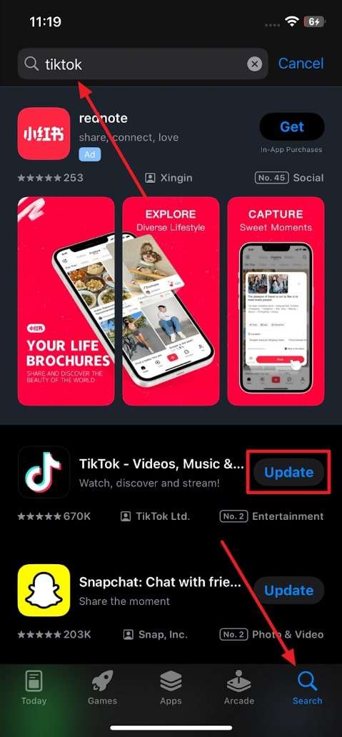 search tiktok and update on iphone