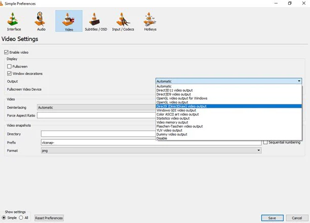 change the video output settings in vlc