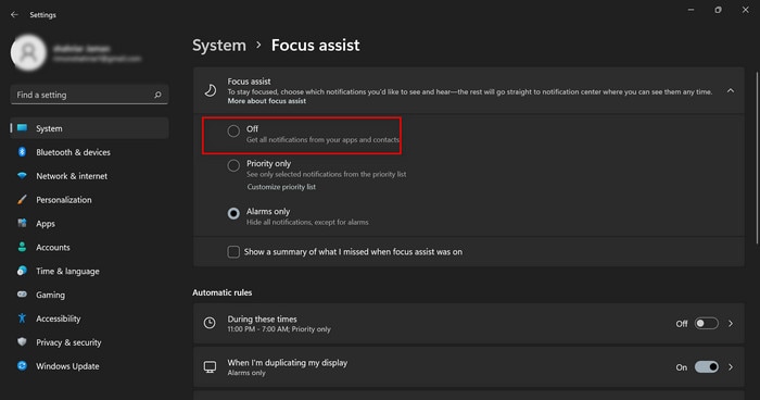 turn off the focus assist option