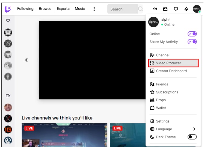 accessing video producer on twitch