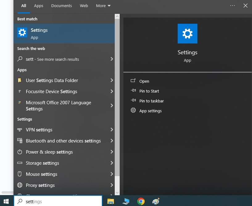 starting settings app on windows