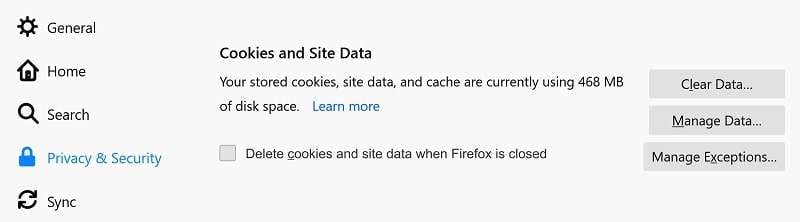 cookies and site data mozilla 