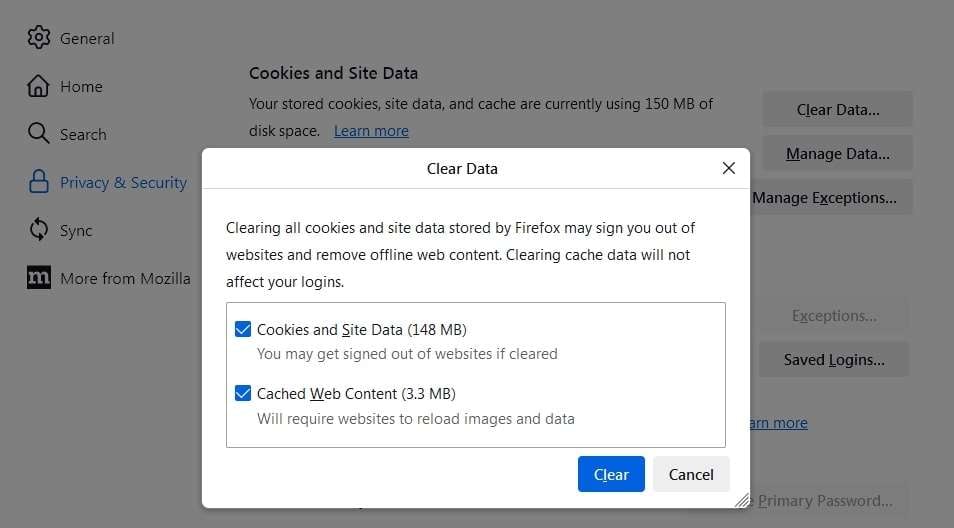 clearing cookies and cache in mozilla 