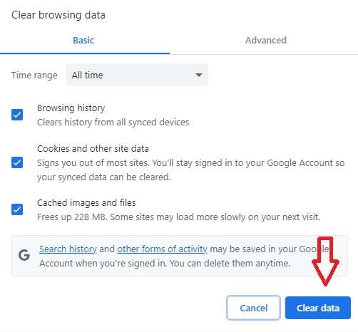 clearing cache and cookies on chrome 