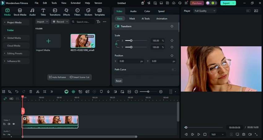 filmora video editing workspace