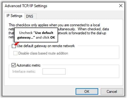 uncheck the use default gateway on remote network box
