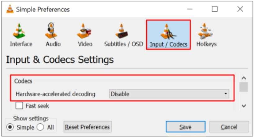 disable hardware acceleration in vlc