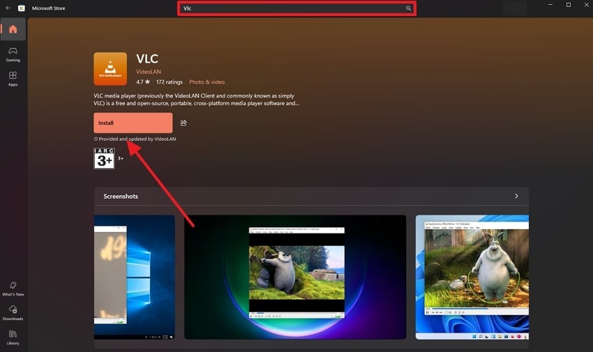 click install vlc from microsoft store