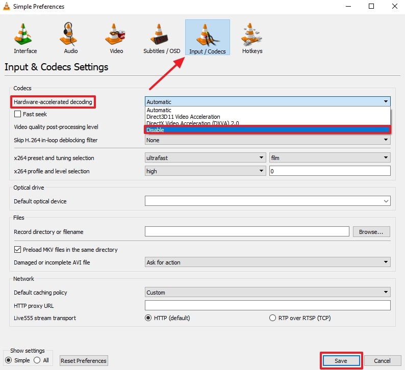 disable hardware acceleration and save