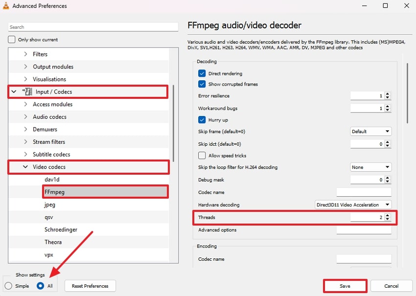 choose ffmpeg video codec and save