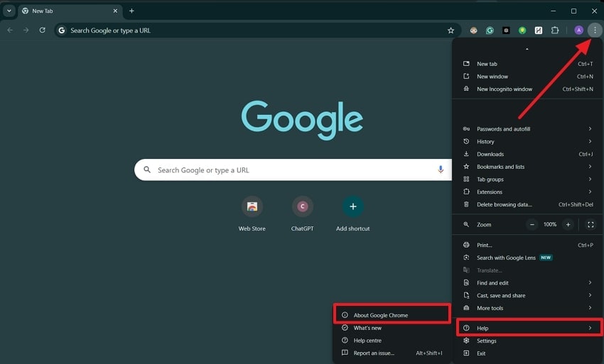 tap about google chrome option